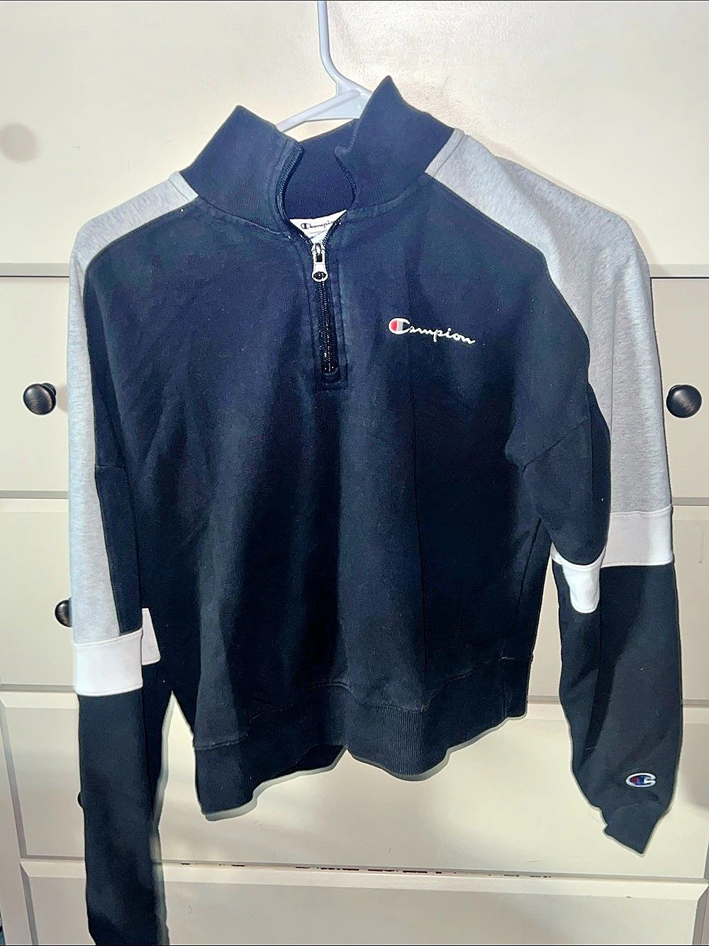 Champion Colorblock Quarter Zip Sweatshirt Black & Gray Size Small